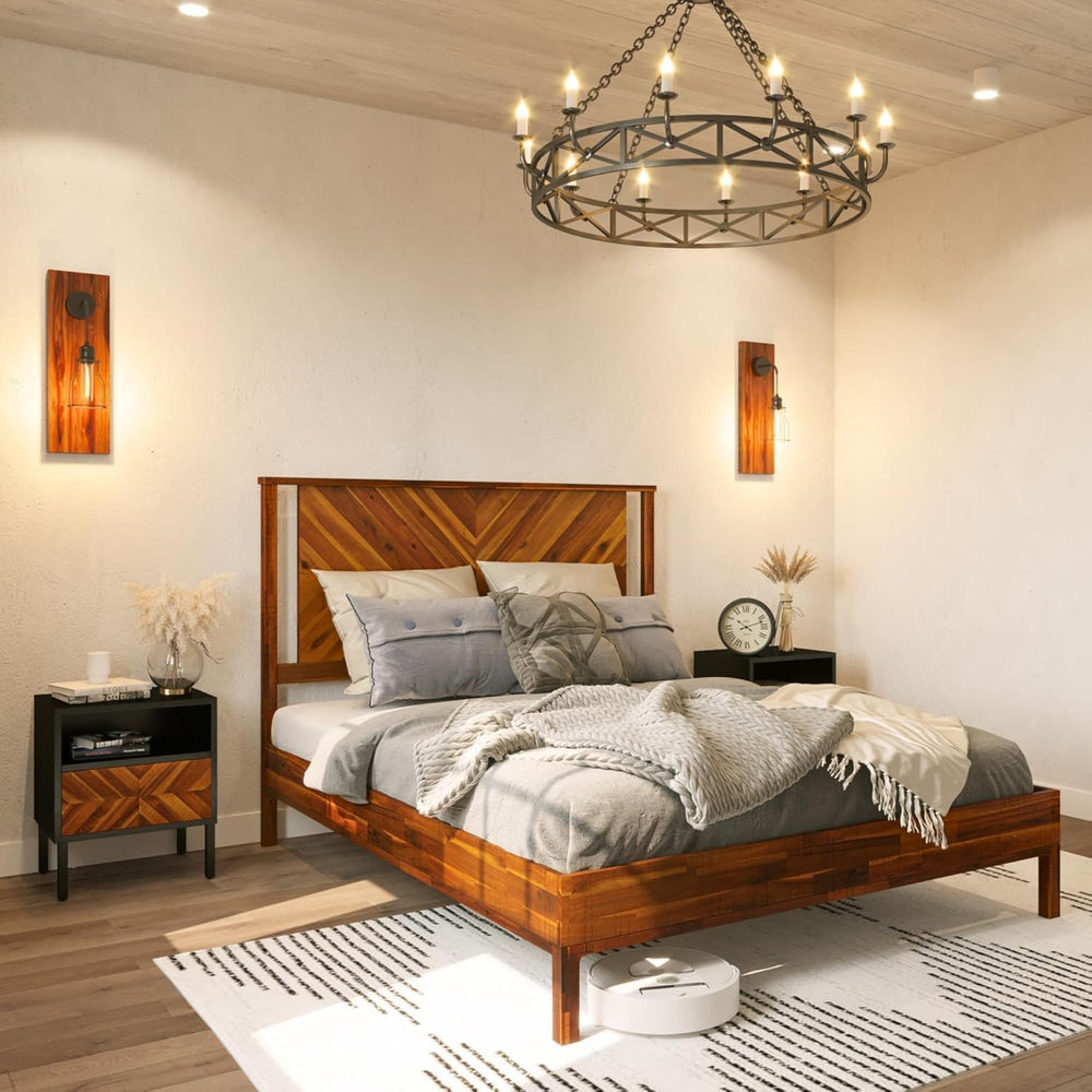 Bme Vivian 14 Inch Deluxe Bed Frame with Headboard, Rustic & Scandinavian...