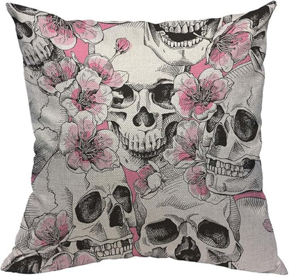 TKS MITLAN Skull and with Flowers Pillow Cover 18x18 inch Pink Cherry Rustic by TKS+MITLAN