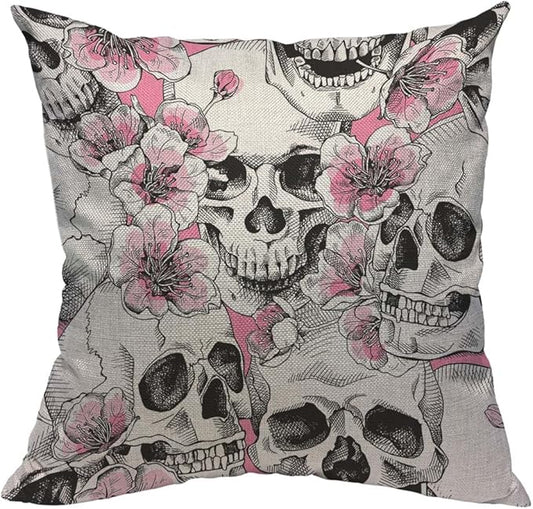 TKS MITLAN Skull and with Flowers Pillow Cover 18x18 inch Pink Cherry Rustic by TKS+MITLAN