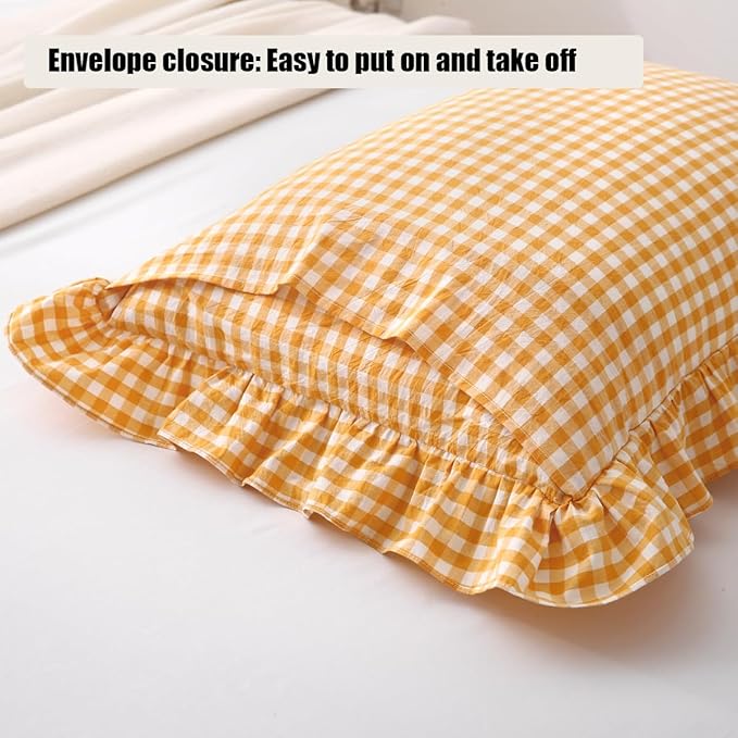 Yellow/White Plaid Ruffle Pillow Shams Standard Size Set of 2, Checkered Washed - Image 4