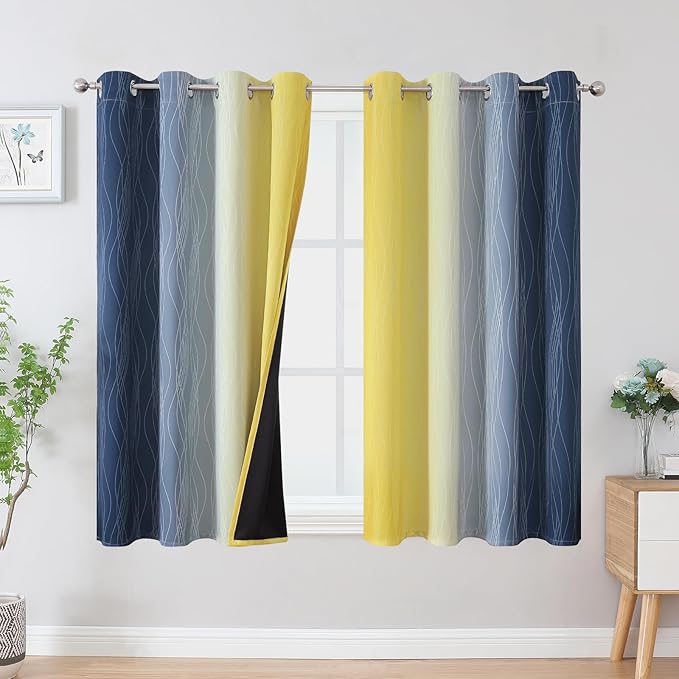 Estelar Textiler Navy Blue and Yellow Blackout Curtains 45 Inch Length by ESTELARTEXTILER