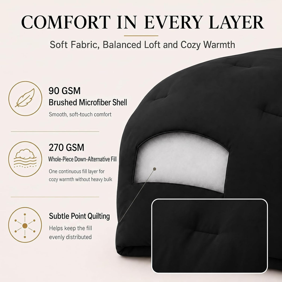 cozylux oversized queen comforter set, 3 pieces black, close-up detail