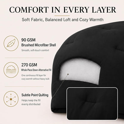 cozylux oversized queen comforter set, 3 pieces black, close-up detail