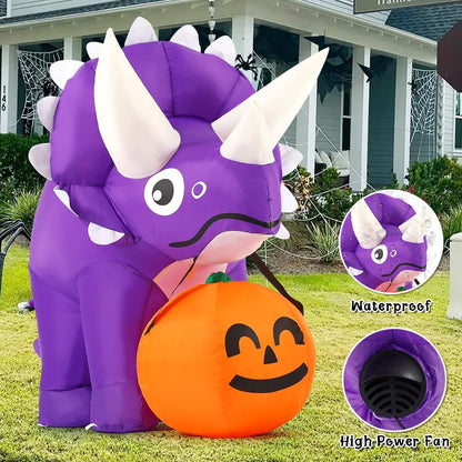 GOOSH 5 FT Width Halloween Inflatables Dinosaur Outdoor Decorations Blow Up Yard Dinosaur with Pumpkin with Built-in LEDs for Garden Lawn Indoor Party Decor