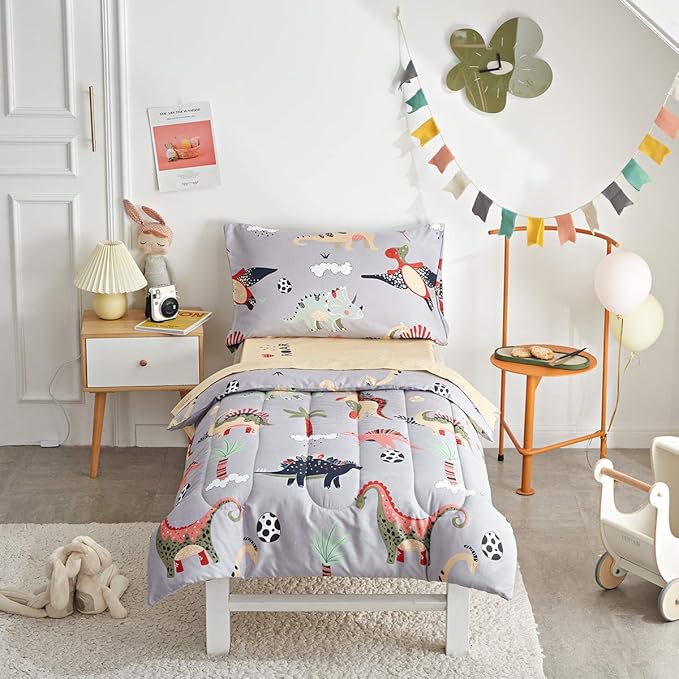 UOZZI BEDDING 4 Piece Gray Dinosaurs Toddler Bedding Set by Uozzi+Bedding