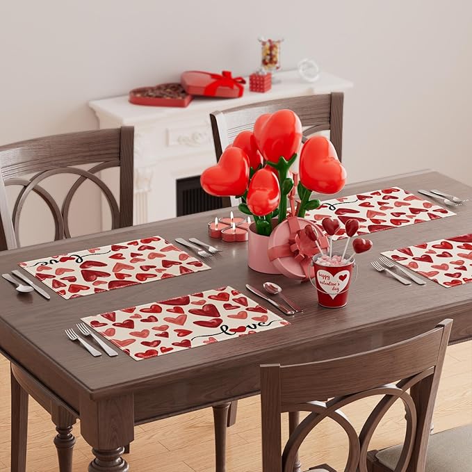 XCHI Watercolor Red Love Hearts Valentine’s Day Placemats Set of 4 Table Mats - Image 4