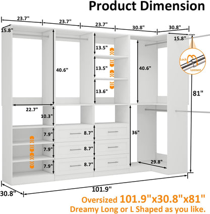 vomavex closet system with 4 sets, 101.9" closet, close-up detail