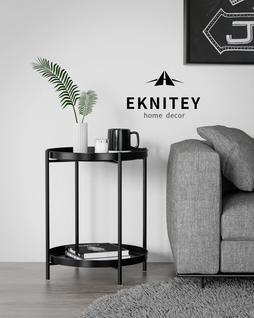 EKNITEY 2 Tier End Table - Metal Side Table with Removable Tray (Black)