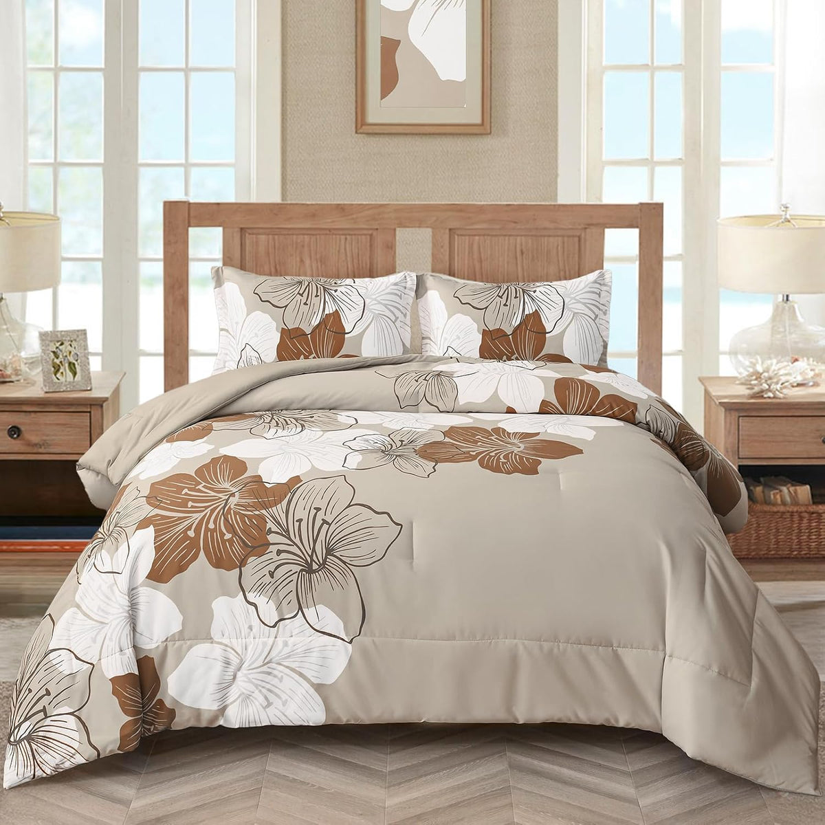 menghomeus brown floral comforter set, 3 piece california, main product view