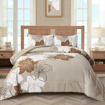 menghomeus brown floral comforter set, 3 piece california, main product view
