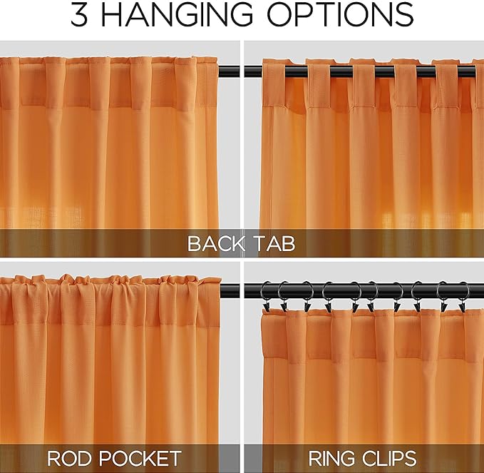 Nanspring Orange Boho Curtains for Bedroom Back Tab Rod Pocket Semi Sheer Linen - Image 3