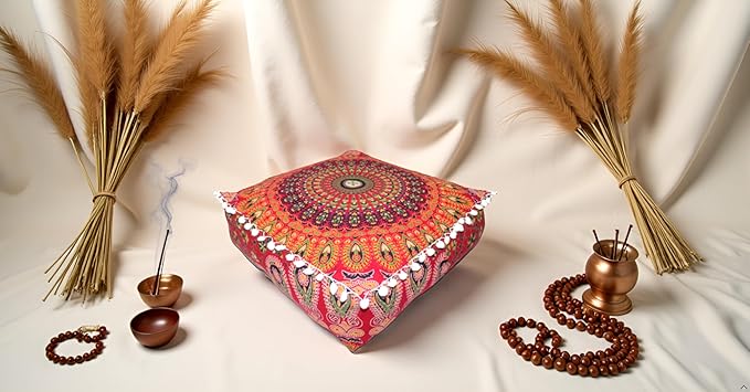 CRAFT KALA Red Peacock Large Hippie Mandala Meditation Floor Ottoman Pillow - Image 3