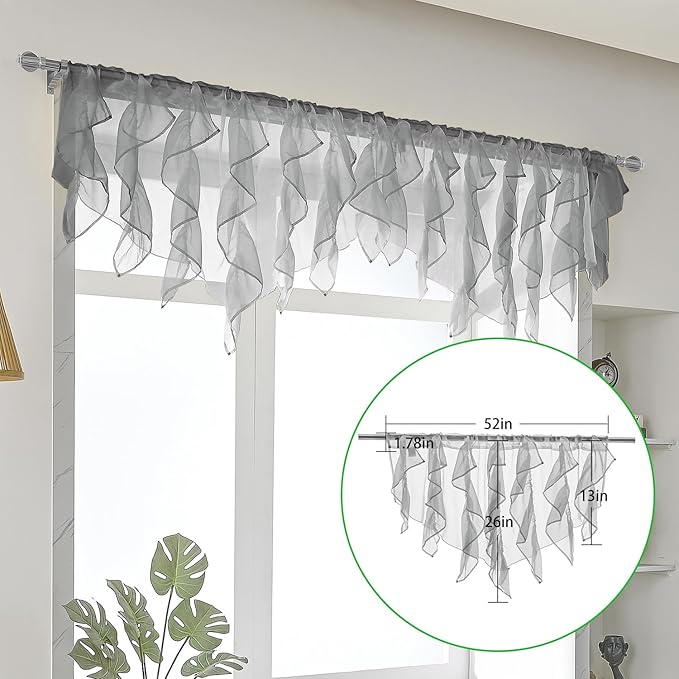 PearAge Ruffled Voile Semi Sheer Curtain Valance, Kitchen Living Room Shabby - Image 5