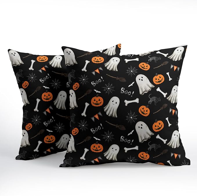 Halloween Throw Pillow Covers 24X24 Inch 2 Packs Boo Cute Ghost Orange Pumpkins - Image 2