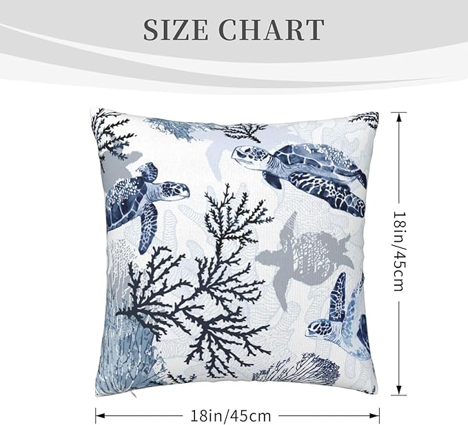 Nautical Blue Pillow Covers 18x18 Inch Coastal Beach Themed Coral Sea Turtle - Image 8
