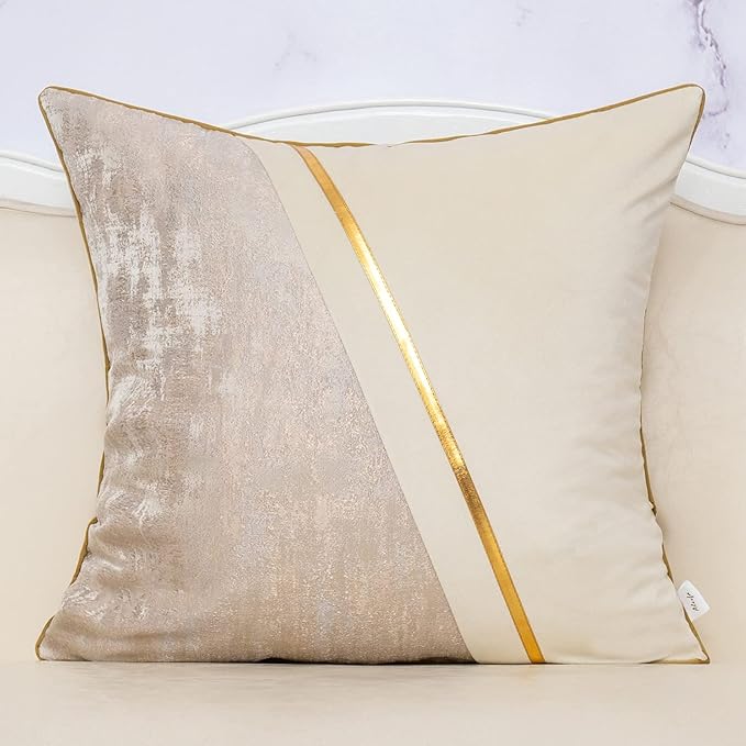 Alerfa 18 x 18 Inch Off White Beige Gold Leather Patchwork Velvet & Polyester by Alerfa