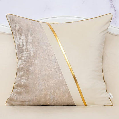 Alerfa 18 x 18 Inch Off White Beige Gold Leather Patchwork Velvet & Polyester by Alerfa