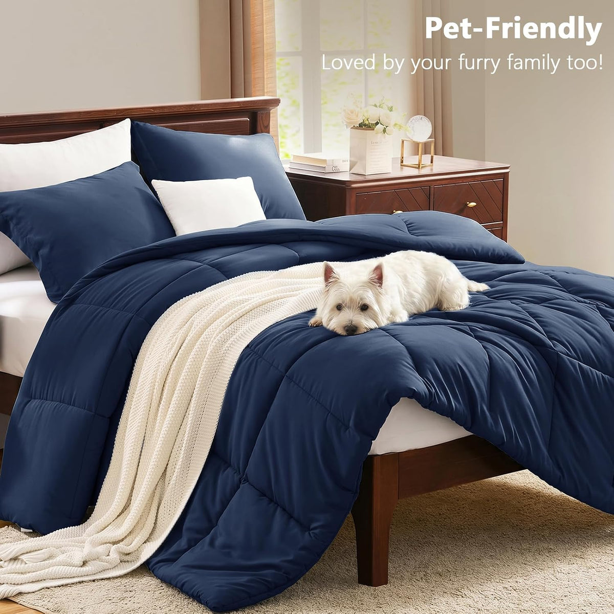 cozylux full size comforter sets, 3-piece box-stitched, navy, front angle view