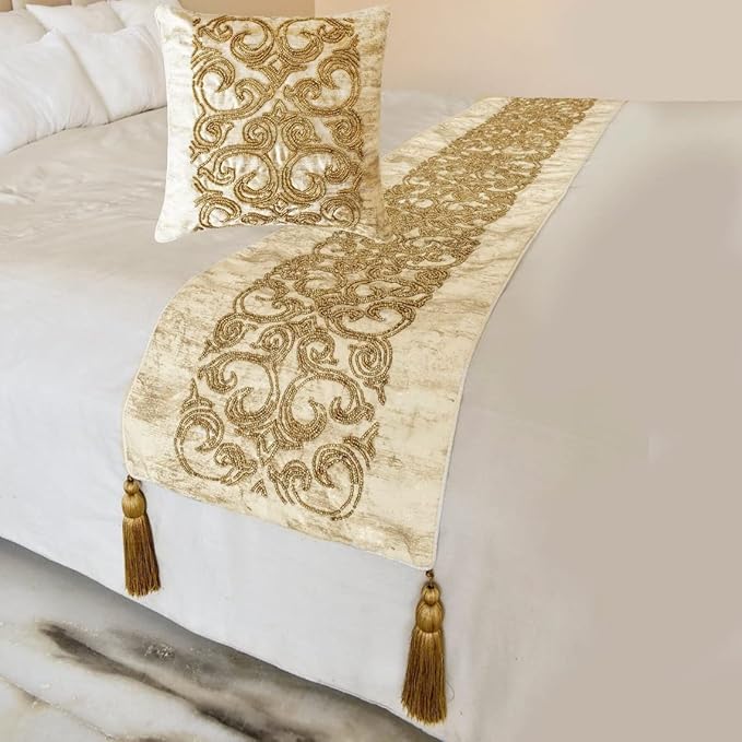 The HomeCentric King/Queen/Twin Gold Designer Twin 53"x18" Bed Runner by TheHomeCentric