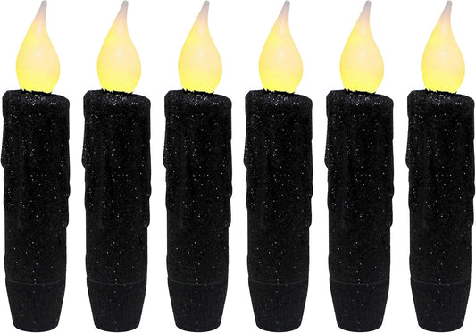 CVHOMEDECO. Glitter Flameless Candles Flickering Battery Operated LED Taper Candles with Timer for Home, Wedding, Halloween, Christmas Decor. Black, 4-3/4 Inch, Set of 6