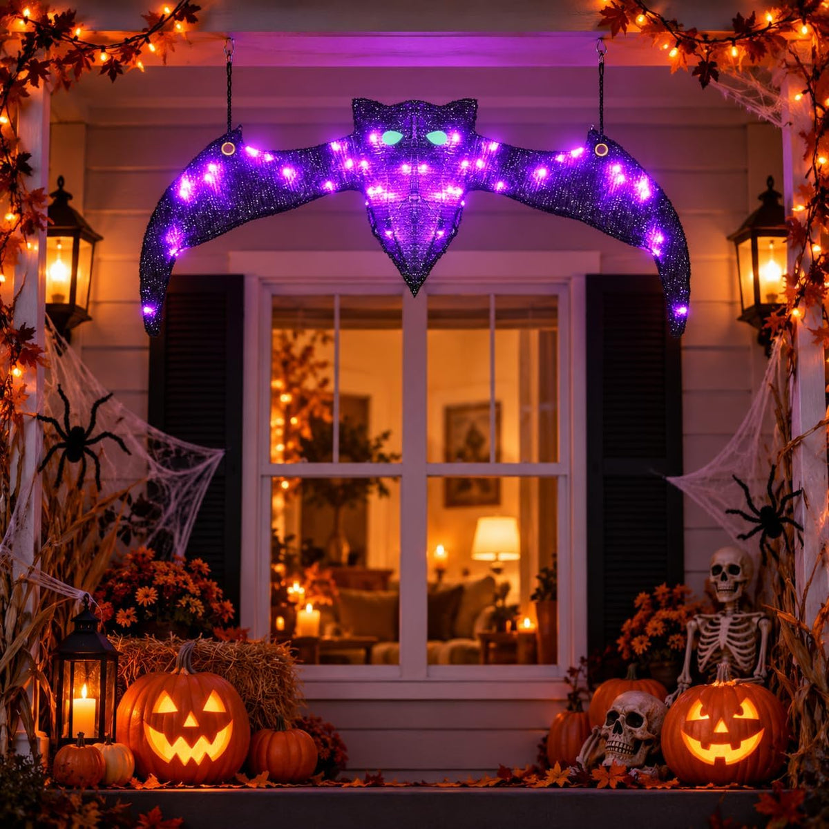 Lighted Hanging Bat Halloween Window Decorations, Large Spooky Glowing Purple LED Bat Halloween Decorations Outdoor Indoor with Auto-Timer, Sparkling Plush & Hooks for Front Porch Window Tree Mantel
