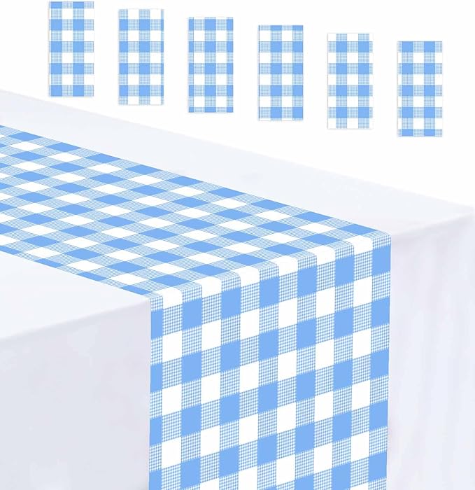 6 Pcs Light Blue and White Checkered Table Runner Plastic 14 x 108 Disposable by MUNILAIL