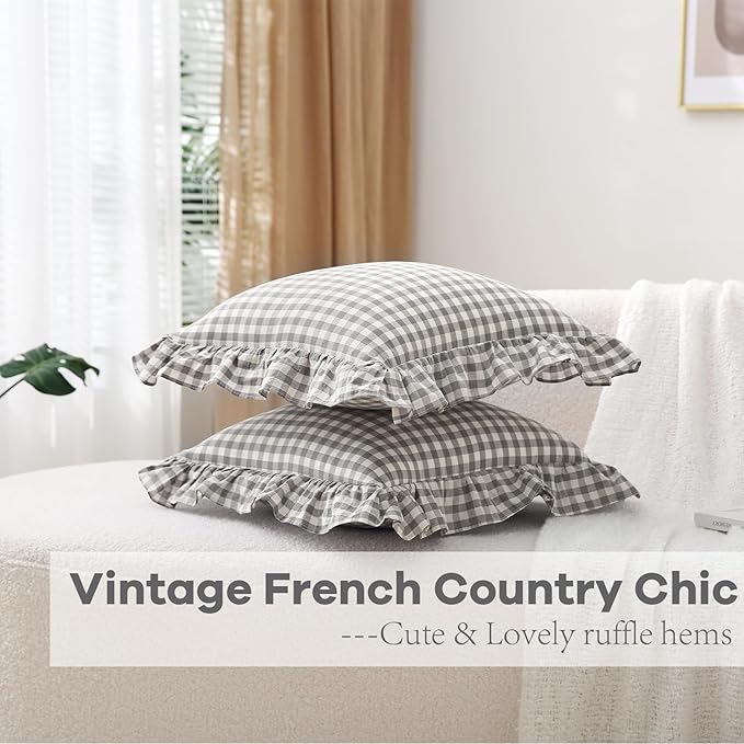 2 Pack Grey White Plaid Ruffle Throw Pillow Covers 18x18 inches, 100% Cotton - Image 6