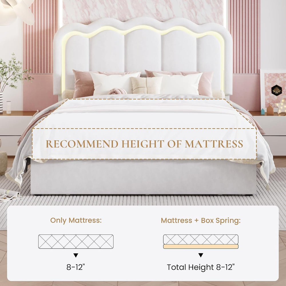 SHA CERLIN Queen Size Bed Frame with LED Lights and Storage Drawer, White