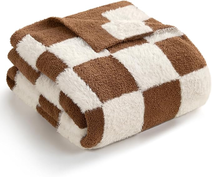 Snuggle Sac Brown Checkered Throw Blanket Faux Fur Microfiber Blankets - Image 3