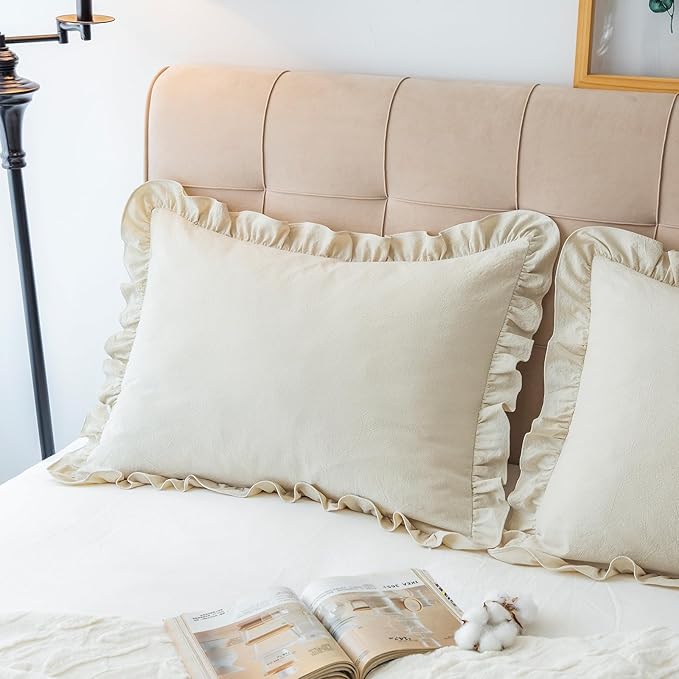 Pillow Shams Set of 2 Washed 100% Cotton Retro Ruffle Flounces Trim Solid Beige - Image 4