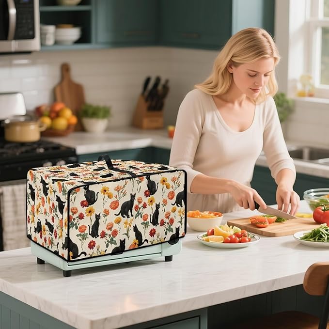 Black Cat Rose Daisy Floral Print Microwave Oven Cover - Image 4