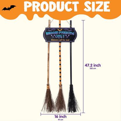 JOYIN Halloween Broom Parking Sign with 3pcs Wooden Witches Brooms, Halloween Decorations Outdoor, Wooden Warning Sign for Front Porch Wall Decor Home Office Indoor