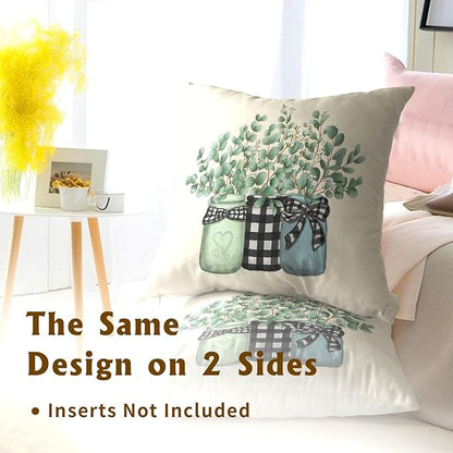Eucalyptus Leaves Throw Pillow Covers Set of 2 Spring Green Botanical Plaid Jar - Image 5