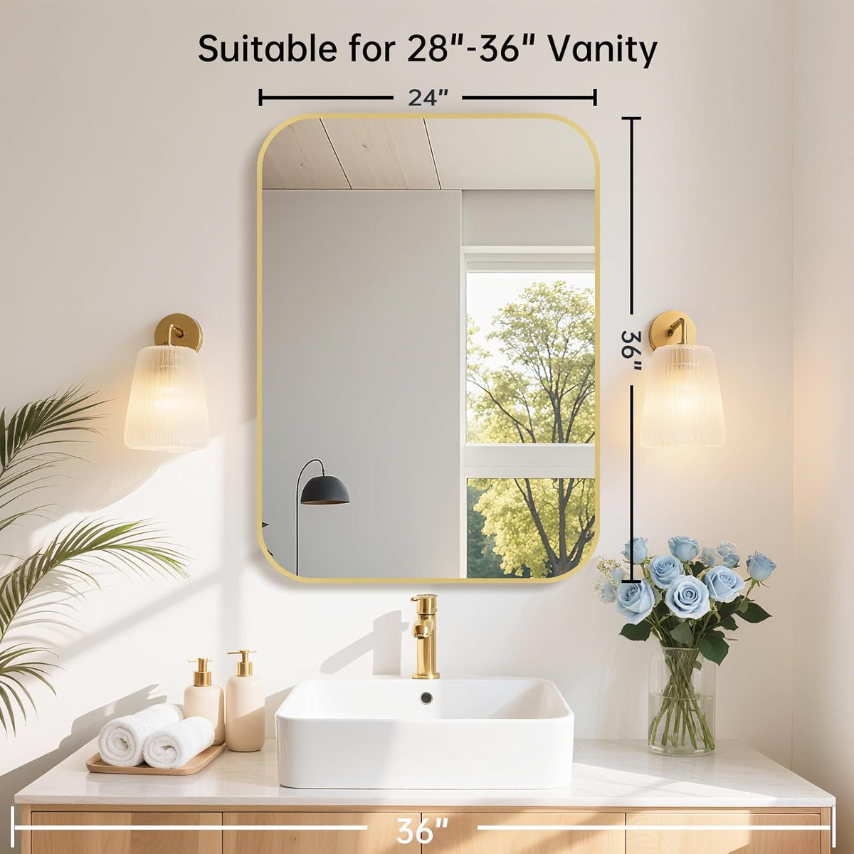 24x36 inch gold bathroom mirror, brushed brass gold, package contents