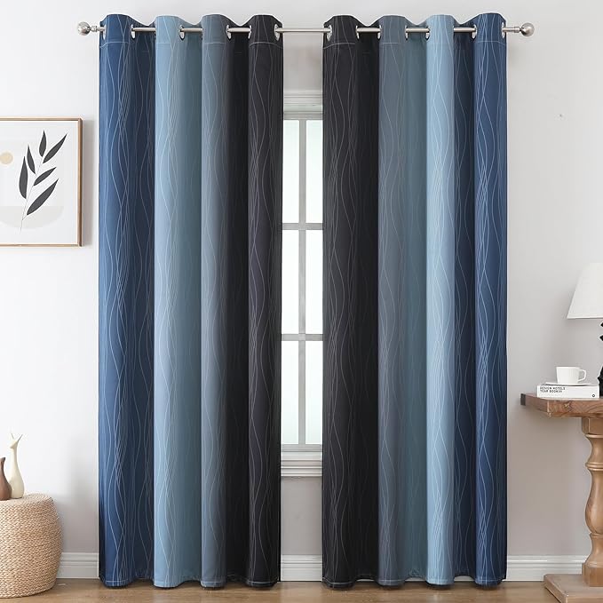 Estelar Textiler Black and Navy Blue Gradient Blackout Curtains - Image 2