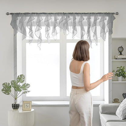 PearAge Ruffled Voile Semi Sheer Curtain Valance, Kitchen Living Room Shabby - Image 2