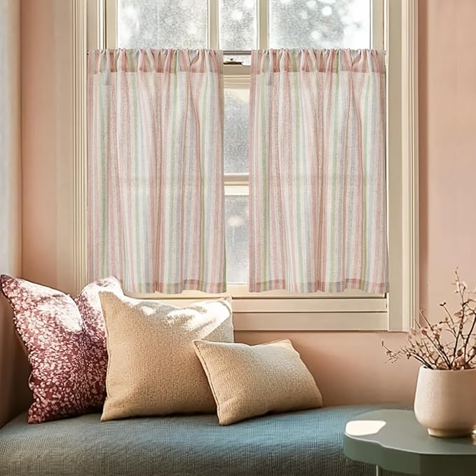 jinchan Striped Linen Kitchen Curtains 30 Inches Christmas Tier Curtains - Image 2