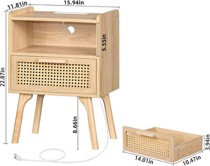 lerliuo rattan nightstand with charging station, boho night, close-up detail