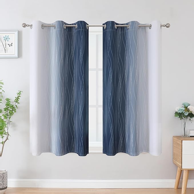 Estelar Textiler Navy Blue and Greyish White Blackout Curtains 45 Inch Length - Image 2