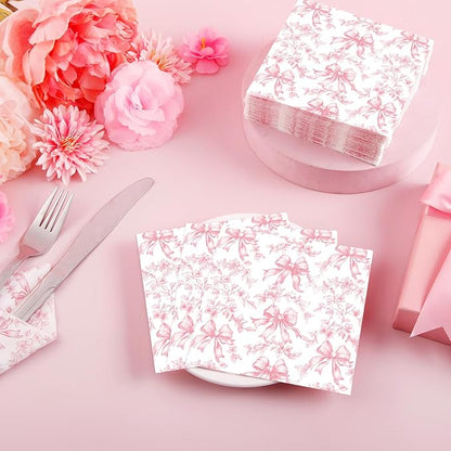 50 Pcs Pink Bow Napkins Coquette Party Supplies Pink Floral Disposable Cocktail - Image 3