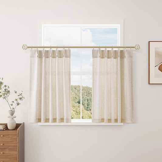 Short Natural Pinch Pleated Linen Kitchen Curtains 30 Inch Length 2 Panels Set by Aersas