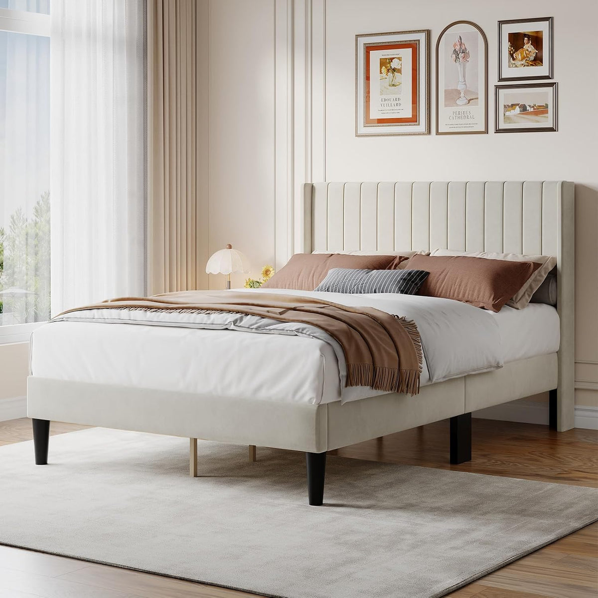 dumos full size velvet bed frame with upholstered, close-up detail
