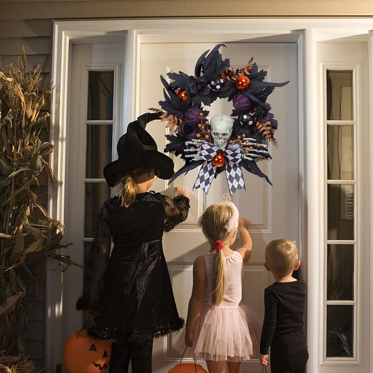 Halloween Wreath for Front Door Halloween Skeleton Decorations, 20 Inch Pumpkin Wreath with Skull Black Roses Maple Leaves for Window Indoor Outside Home Party Decor