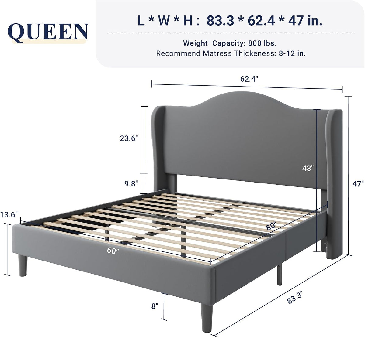 allewie queen size bed frame, plush velvet wingback shown in use