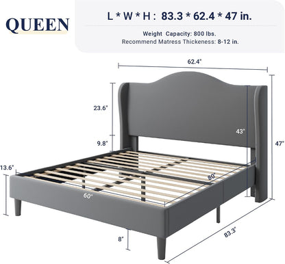 allewie queen size bed frame, plush velvet wingback shown in use
