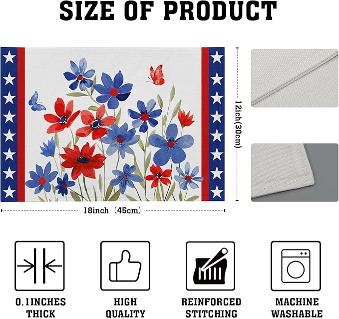 Giwawa 4th of July Placemats Set of 4 Watercolor Patriotic Flowers Stars Table - Image 3