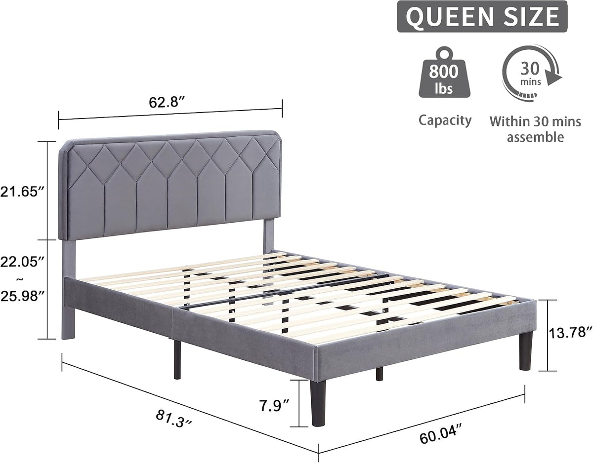 vecelo queen size bed frame, velvet upholstered platform shown in use