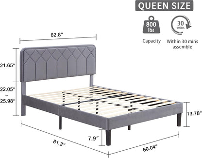 vecelo queen size bed frame, velvet upholstered platform shown in use