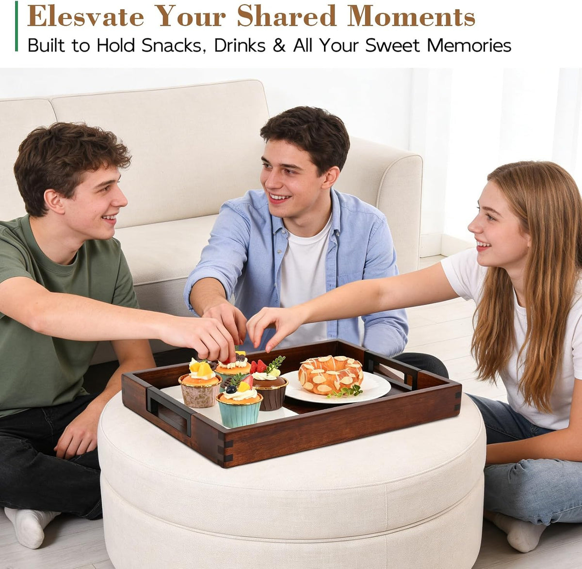 joy&grace acacia wood serving tray with handles 17", package contents