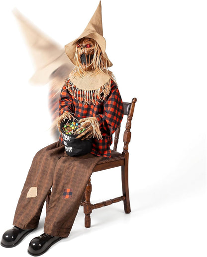 Halloween Animatronics Decorations Scary Sitting Scarecrow with Candy Bag, 55'' Animated Jumpscare Halloween Props with Sound & Motion Activated, Lighted Eyes, Creepy Sound for Haunted House Outdoor